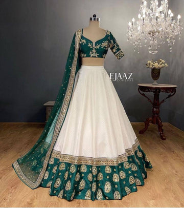 White and green lehenga choli for women or girls Tapeta silk lehnga with pearl & embroidery work  lehenga choli