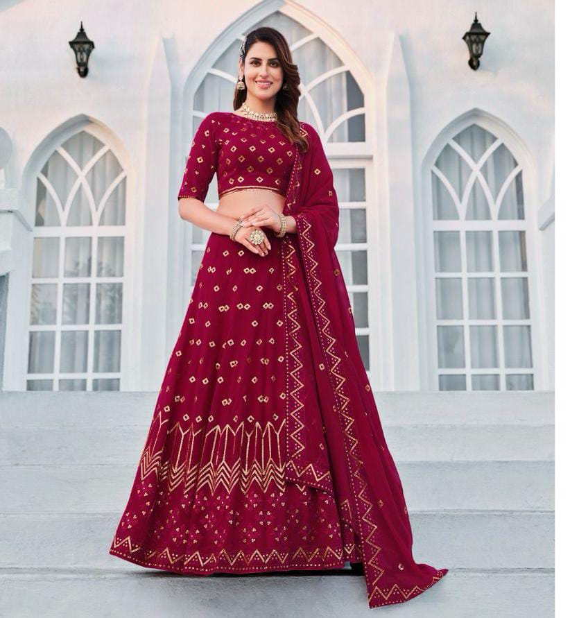 Red georgette thread and sequence with embroidery work lehenga choli