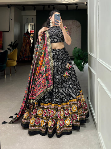 Designer Black Tussar Silk Bandhej And Patola Print With Foil Work and silk dupatta