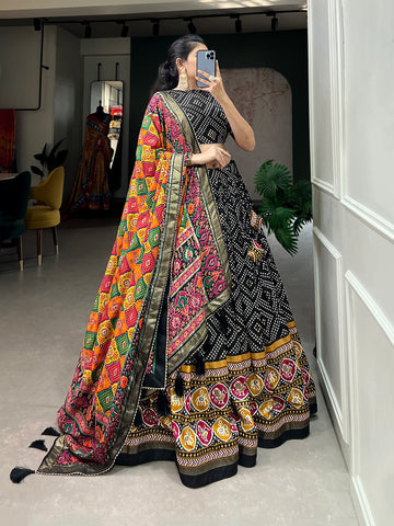 Designer Black Tussar Silk Bandhej And Patola Print With Foil Work and silk dupatta