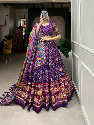 Purple Tussar Silk Bandhej And Patola Print With Foil Work lehenga choli with silk dupatta