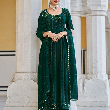 Green Georgette   Thread Sequence Embroidery Work  Anarkali Flared Long Wedding Wear Gown