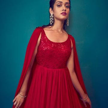 Red  Georgette With  Thread And Sequince Embroidered Work Anarkali Flared Long Gown