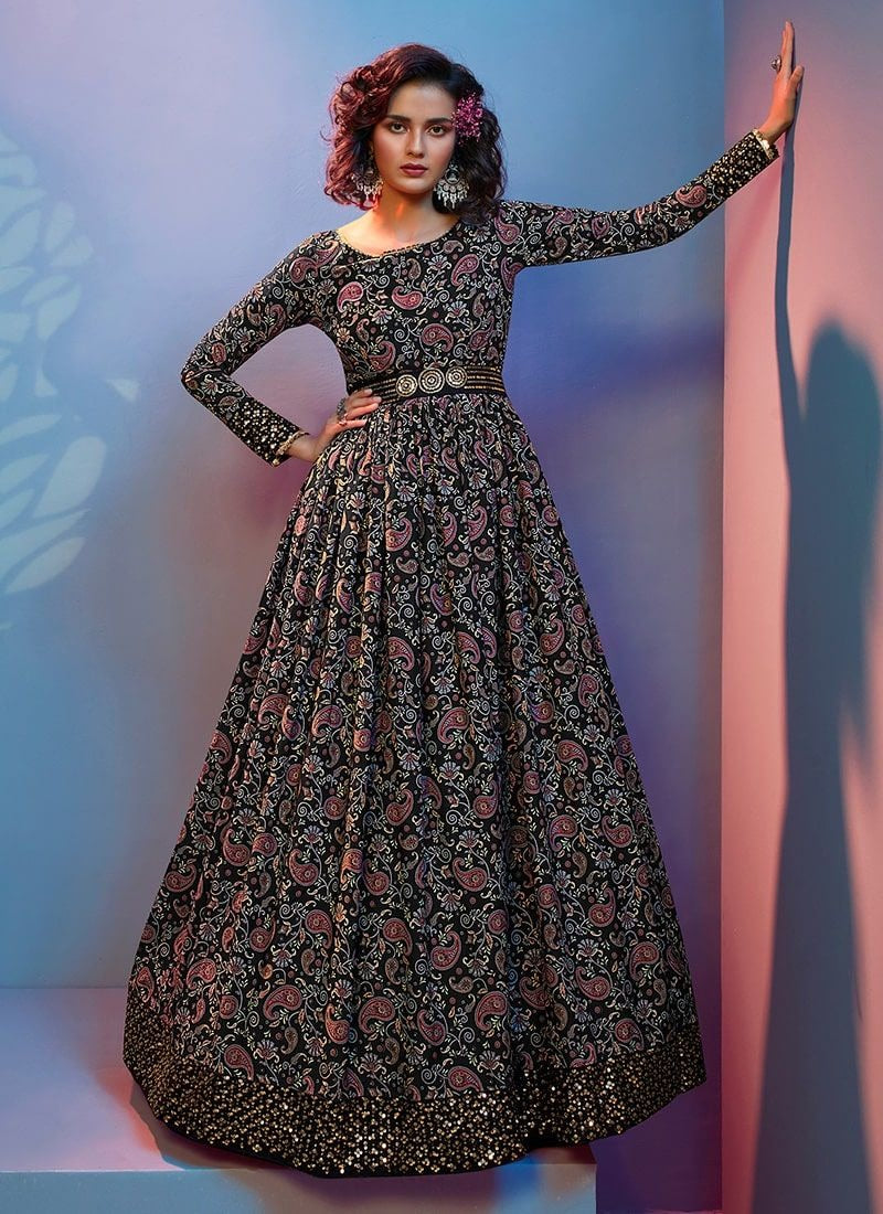 Black Floral Gown With Fancy Sequins Work Belt Silk Long Gown For Wome Black Floral Gown With Fancy Sequins Work Belt Silk Long Gown For Wome