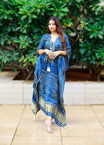 Blue   Gaji silk Designer Kaftan  For Women Or Girls