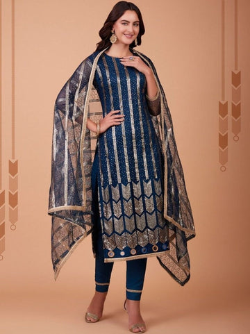 Blue  Net  Zari, thread Sequence embroidery Work Designer Kaftan  For Women Or Girls