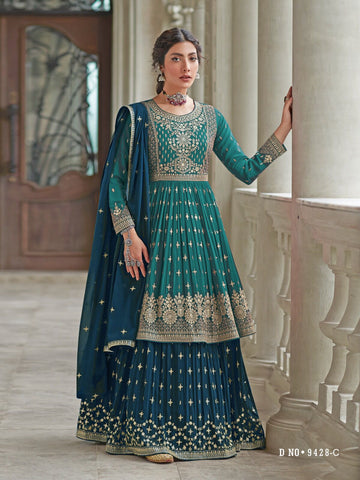 Blue and Teal Blue  Georgatte  with Embroidery Work Designer Kurti For Women