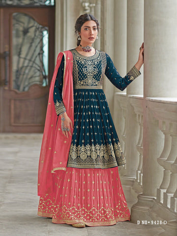 Blue and Peach   Georgatte  with Embroidery Work Designer Kurti For Women