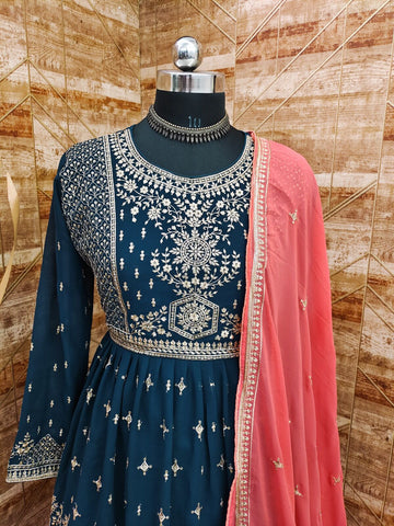 Blue and Peach   Georgatte  with Embroidery Work Designer Kurti For Women