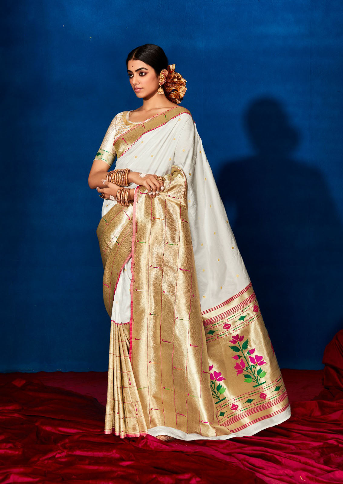 Off White Paithani Silk saree for women wedding wear party wear design