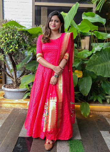 Pink  Georgette With  Weaving work  Anarkali Flared Long Wedding Wear Gown