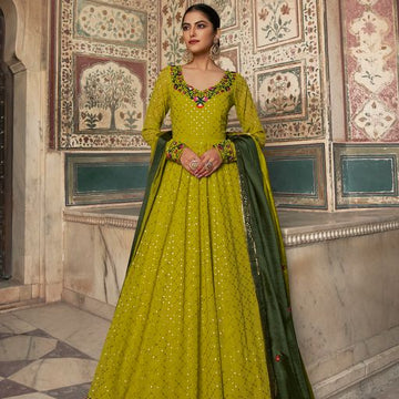 Green Georgette With Embroidery work Anarkali Flared Long Wedding Wear Gown
