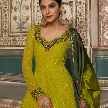 Green Georgette With Embroidery work Anarkali Flared Long Wedding Wear Gown