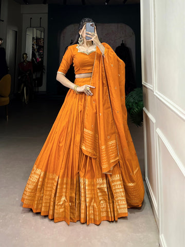 Ready to wear orange lehenga Pure Chanderi Plain Lehenga with Intricate Zari Work Border, Accompanied by Sequin Embellished Dupatta