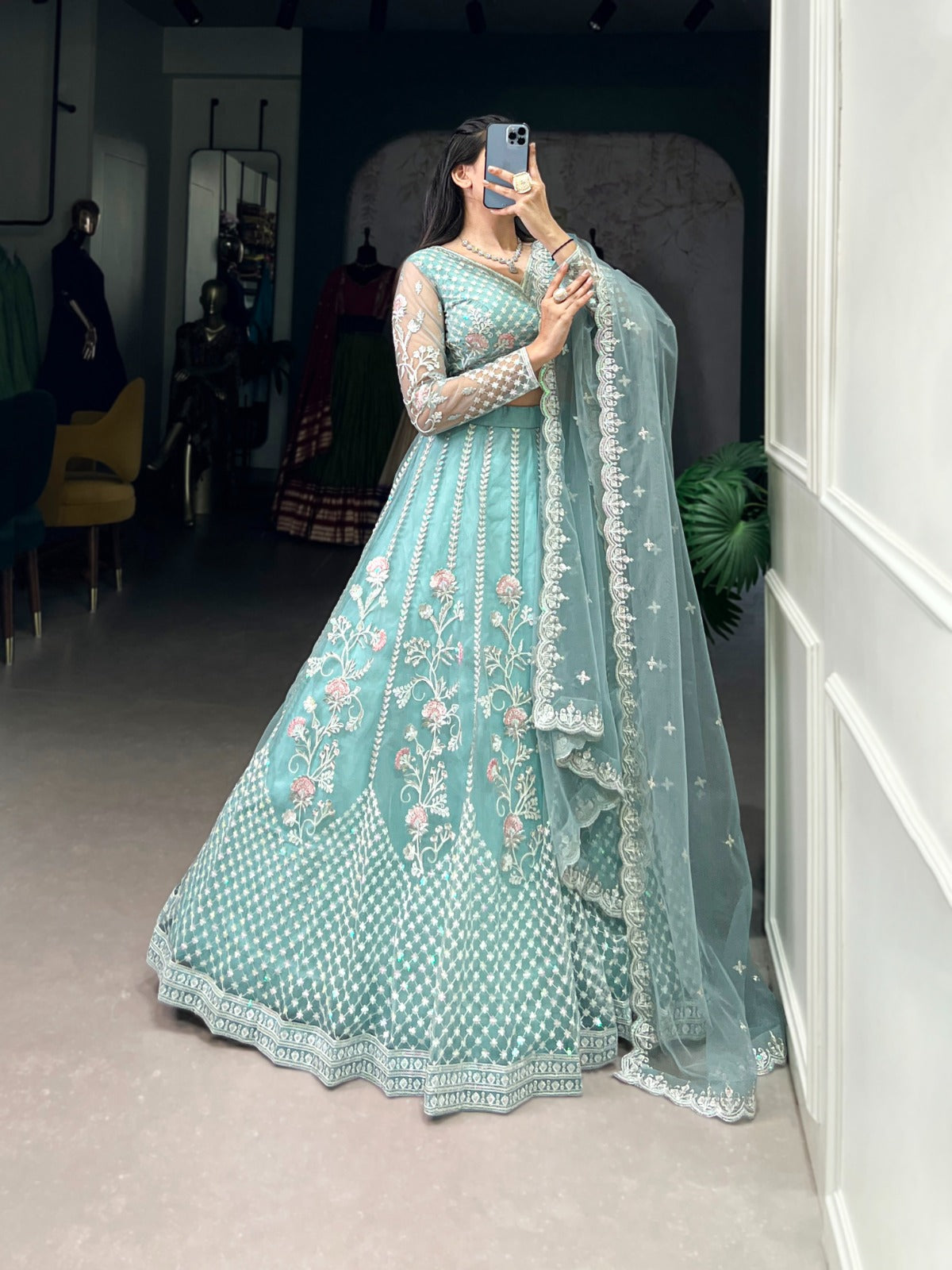 Designer pastel blue lehenga with Sequins and Thread Embroidery Work lehenga choli