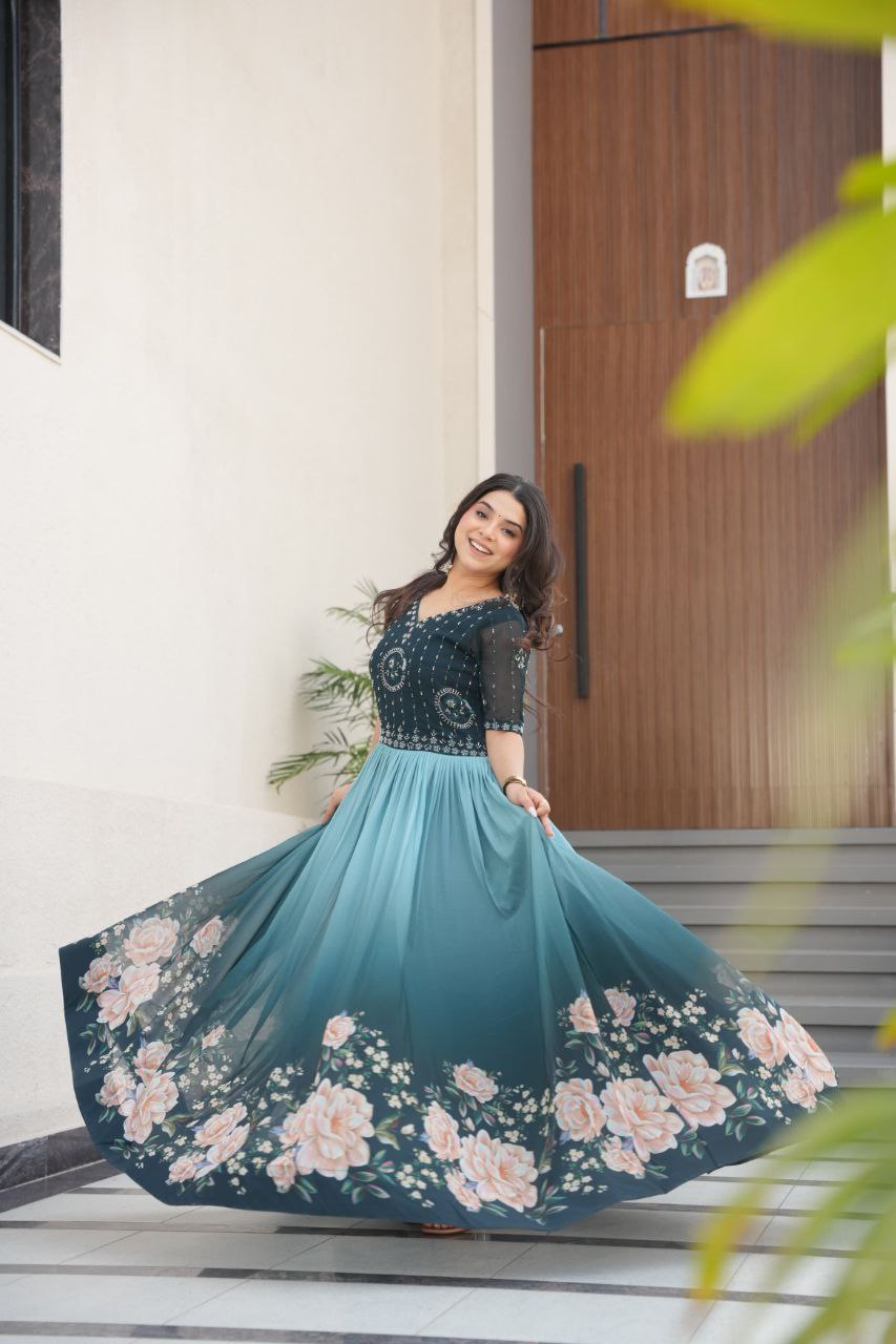 Readymade Designer Gown Faux Blooming With Beads Embroidered work And Rich Floral Digital Print gown