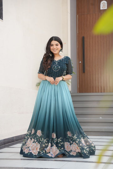 Readymade Designer Gown Faux Blooming With Beads Embroidered work And Rich Floral Digital Print gown