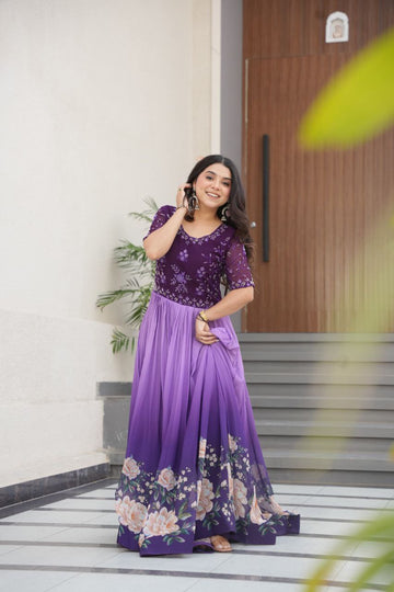 Readymade Designer purple Gown Faux Blooming With Beads Embroidered work And Rich Floral Digital Print gown
