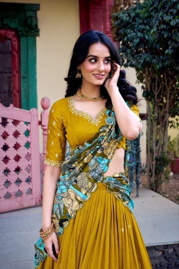 Mustard yellow Sequins Work lehenga choli with Kalamkari Print dupatta