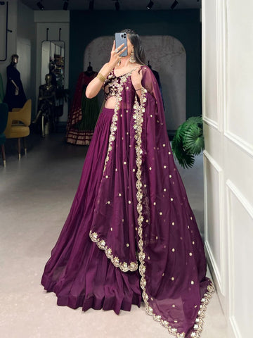 Wine Color lehenga choli with Sequence, Zari,Dori Embroidery Work wedding party wear lehenga choli with dupatta