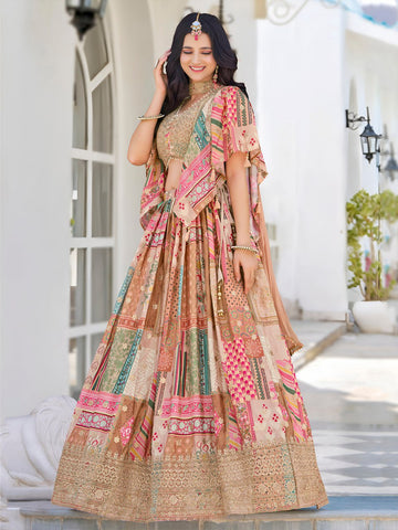 Muted Peach Embroidered Lehenga in Chinnon Silk Perfect for Destination Weddings