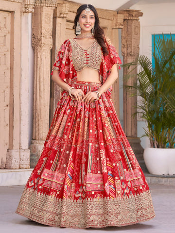Red Multicolor Printed Embroidered Lehenga Set