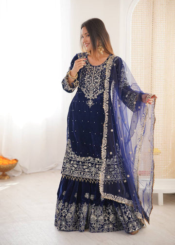 Navy blue faux georgette sharara set with heavy embroidery detailing stitched