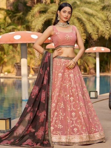 Dusty Pink Embroidered Lehenga Set with Floral Dupatta