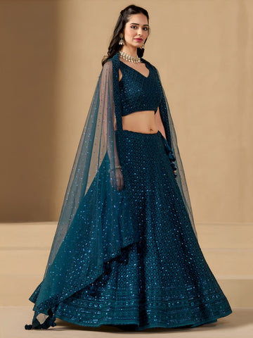 Teal blue thread embroidered wedding lehenga choli