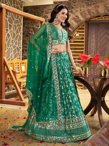 Luxurious Rama Green Lehenga Choli Set