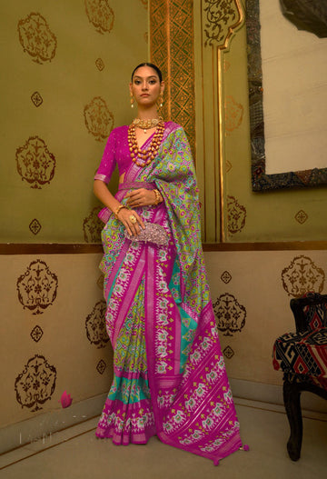 Pink & Pista Patola Silk Saree for women designer latest wedding wear saree