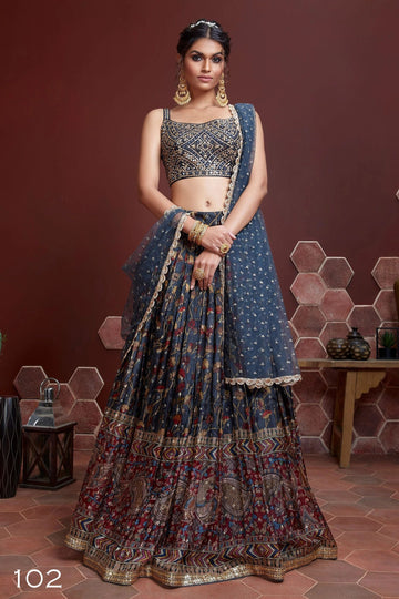 Blue Digital Print and Heavy Embroidery with Real mirror work lehenga choli for women indian wedding wear lehenga choli