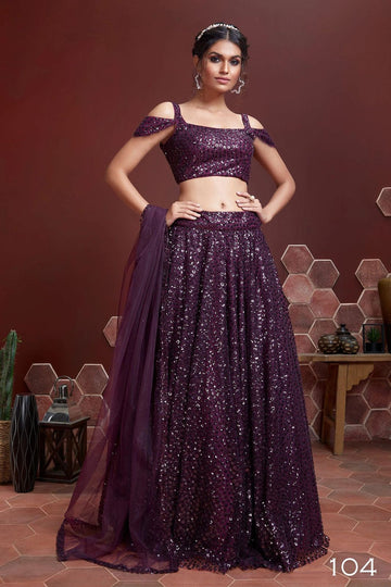 purple net lehenga choli off -shoulder stylish blouse party wear