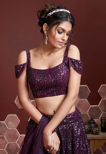 purple net lehenga choli off -shoulder stylish blouse party wear