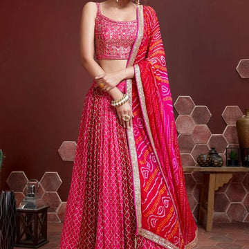 Rani pink silk lehenga choli fore  women mirror work blouse with bandhni dupptta