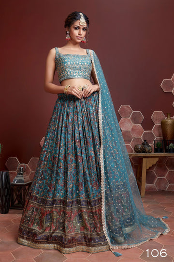 peacock blue colour silk floral print lehenga choli for women or girls