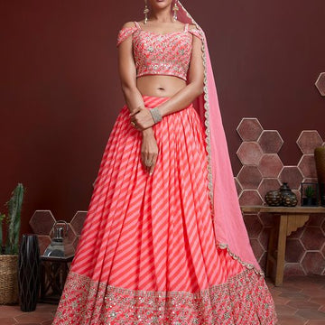 Pink(Peach) leheriya print With Sequence work lehenga choli heavy mirror work stylish blouse with dupatta