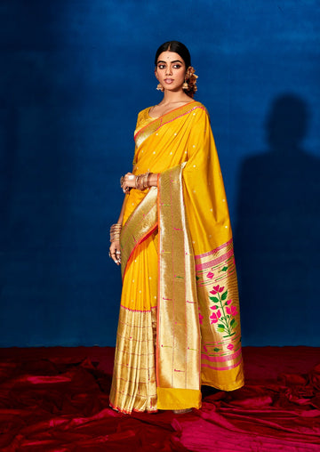 Yellow  Paithani Silk  saree for women wedding  wear party wear designer sarees