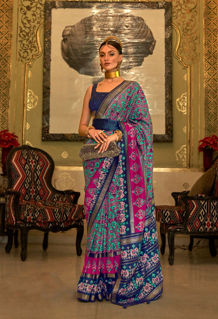 Blue Patola Silk Saree for women designer latest wedding wear saree