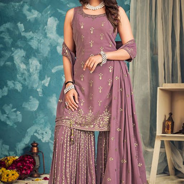 Dusty Purple   Georgette with thread ,Sequence Zari Embroidery Work Designer Kurti For Women