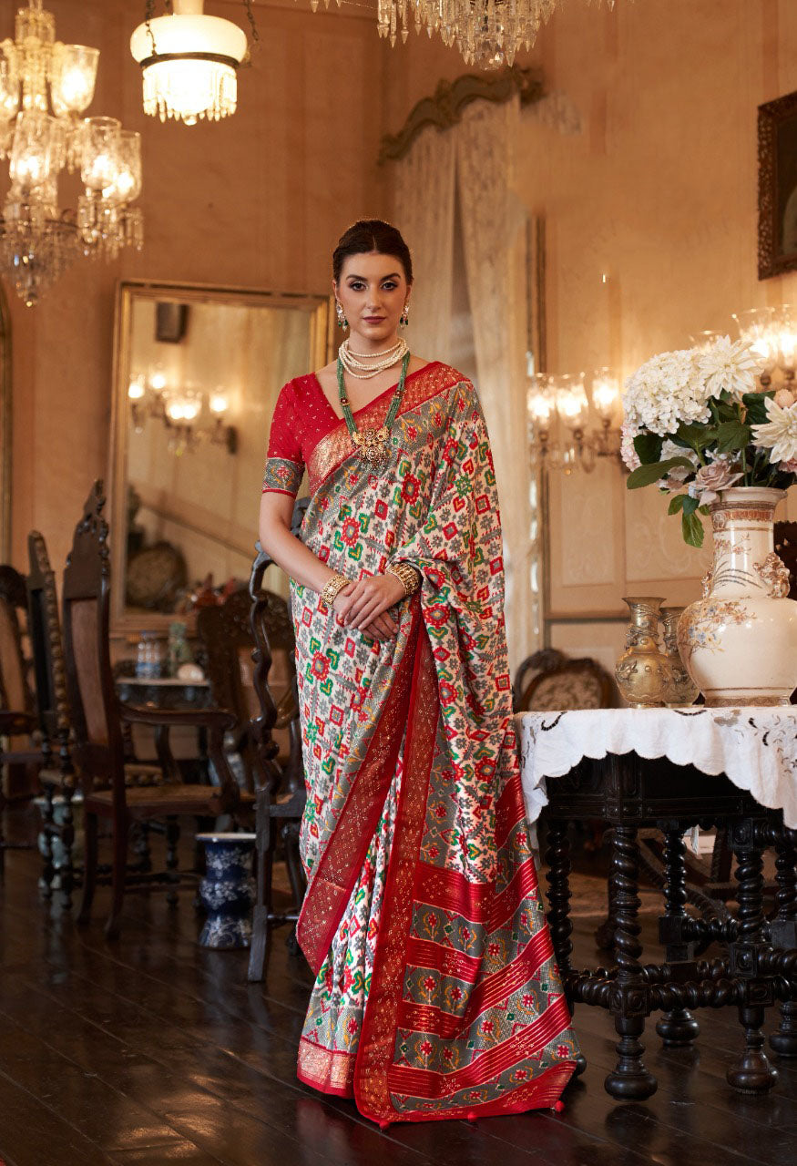 Red Smoothy Patola Silk Saree for women, designer latest wedding wear saree