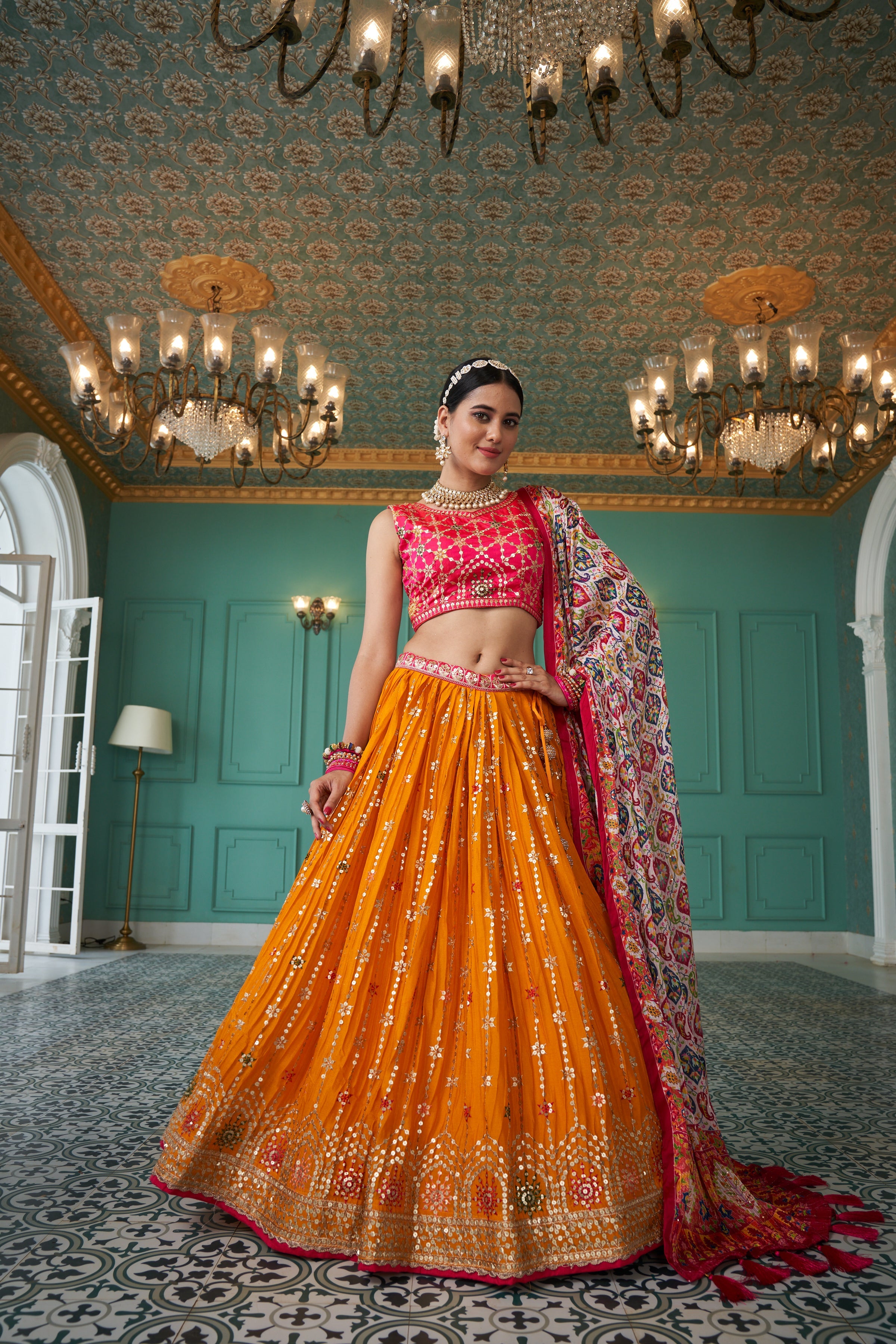Navy Blue & Pink Embroidered Ready to Wear Lehenga & Blouse With Dupat –  Swishchick