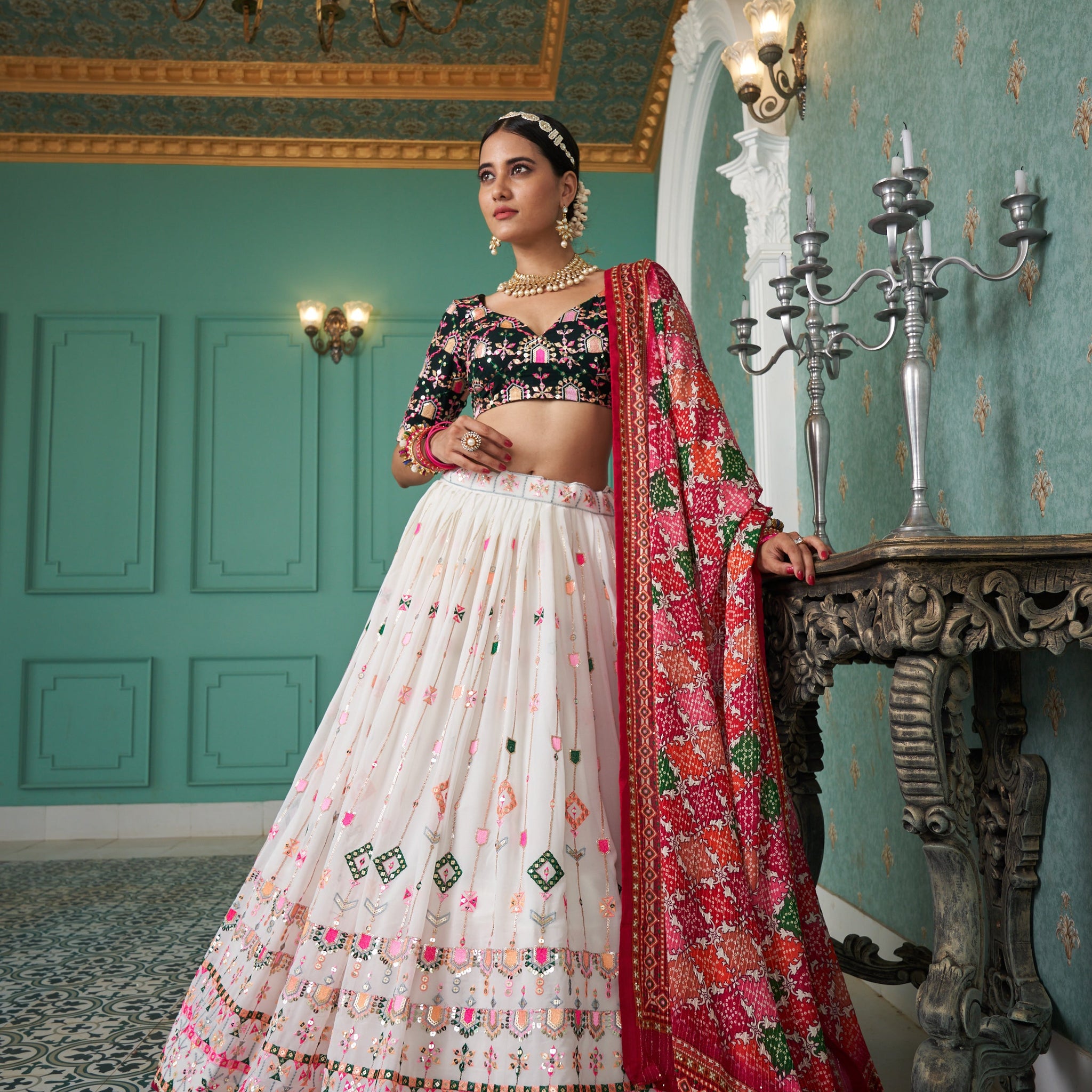 White and Green Ready to Wear Lehenga choli for women or girls