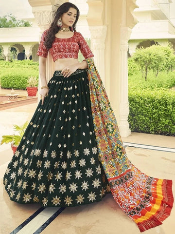 Trending Green and marron lehenga choli for women with patola print dupatta mehendi function wear lengha