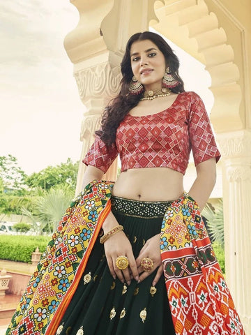 Trending Green and marron lehenga choli for women with patola print dupatta mehendi function wear lengha