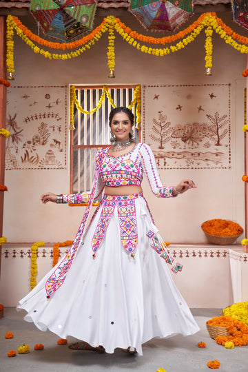 White Thread Embroidered with all over mirror   Work  lehenga choli with   Viscose Rayon dupatta