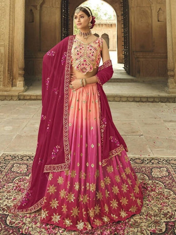 Peach to Pink Multi colour silk Thread, zari Sequence Embroidery Work lehenga choli