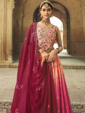 Peach to Pink Multi colour silk Thread, zari Sequence Embroidery Work lehenga choli