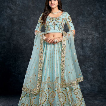 Sky  Blue  Diamond,Zari, Thread & Sequins Embroidery Work  lehenga choli with  Butterfly Net  dupatta