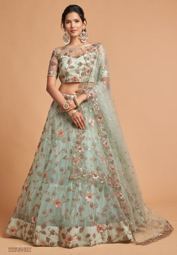 Sky blue Net Sequins Embroidery With Dori And Zari Work Lehenga Choli  (Semi-Stitched)